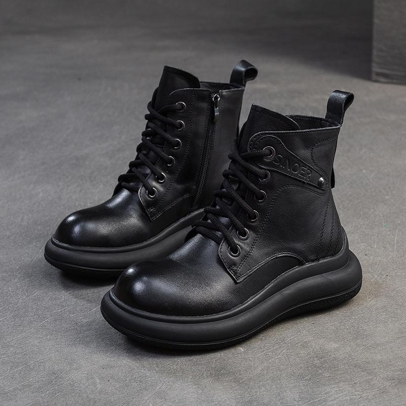 Johnature Vielseitige Echtleder Kurze Stiefel Retro Runde Zehenpartie Dicke Sohle Damen Schuhe 36 schwarz von Joom DACH