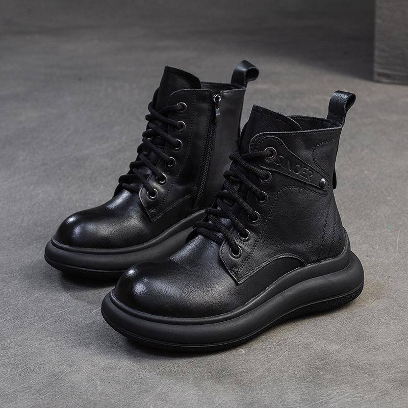 Johnature Vielseitige Echtleder Kurze Stiefel Retro Runde Zehenpartie Dicke Sohle Damen Schuhe 36 schwarz von Joom DACH