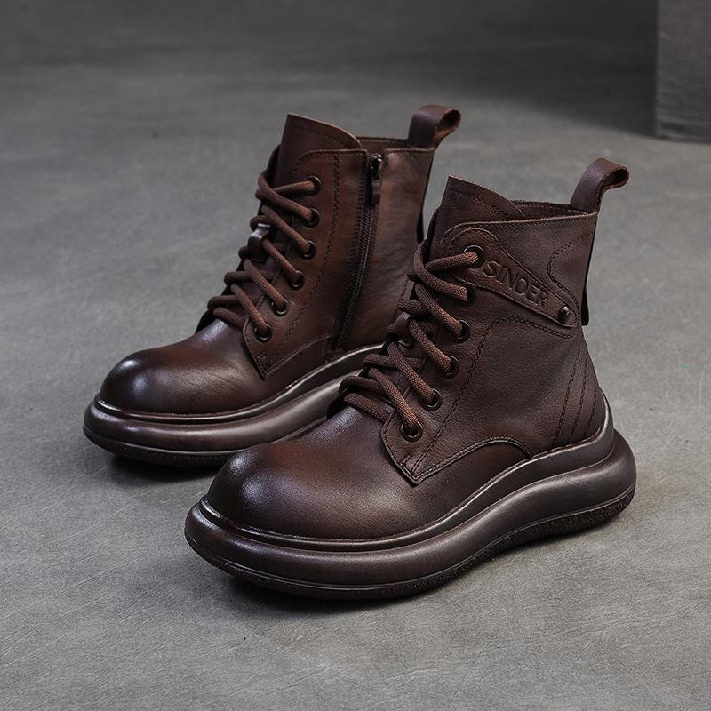 Johnature Vielseitige Echtleder Kurze Stiefel Retro Runde Zehenpartie Dicke Sohle Damen Schuhe 37 kaffeebraun von Joom DACH