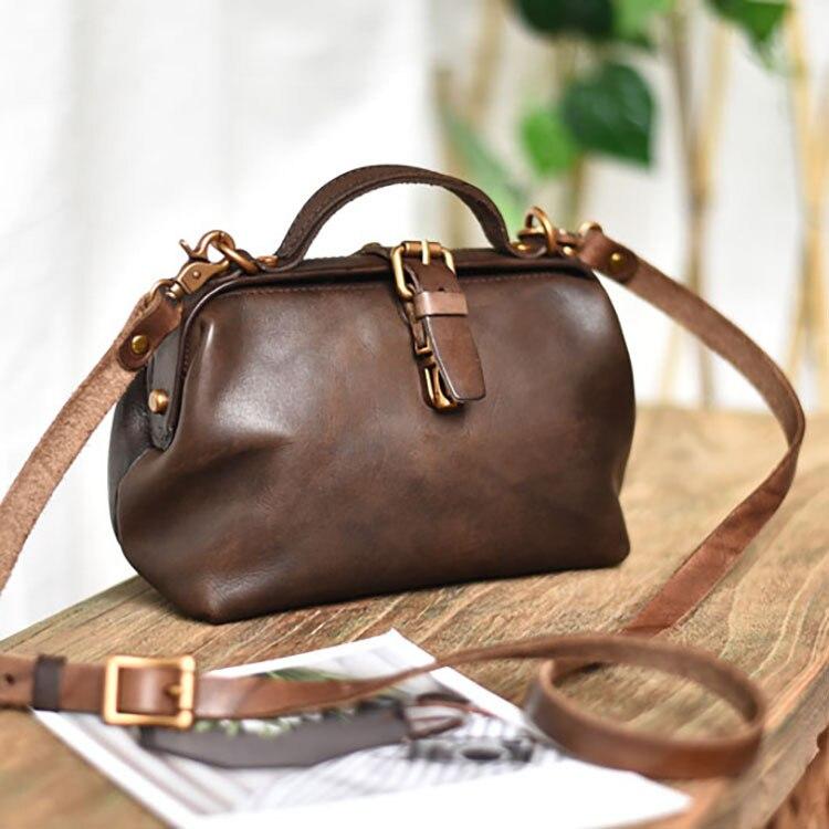 Johnature Vintage Arzttasche aus echtem Leder für Damen, einfache einfarbige Schulter- und Umhängetaschen aus echtem Rindsleder kaffeebraun von Joom DACH