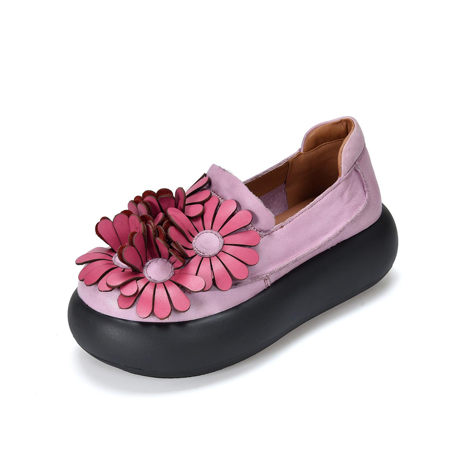 Johnature Vintage Große Blume Dicksohlige Slipper Echtes Leder Damen Flache Plateau Schuhe 38 rosa von Joom DACH