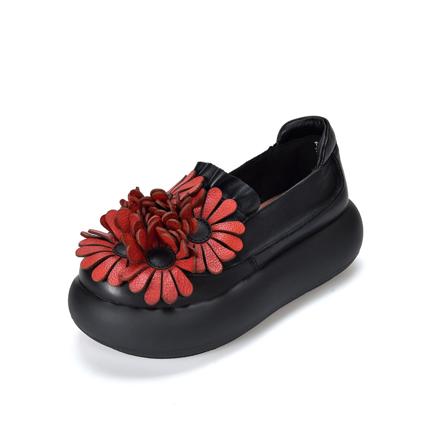 Johnature Vintage Große Blume Dicksohlige Slipper Echtes Leder Damen Flache Plateau Schuhe 38 schwarz von Joom DACH