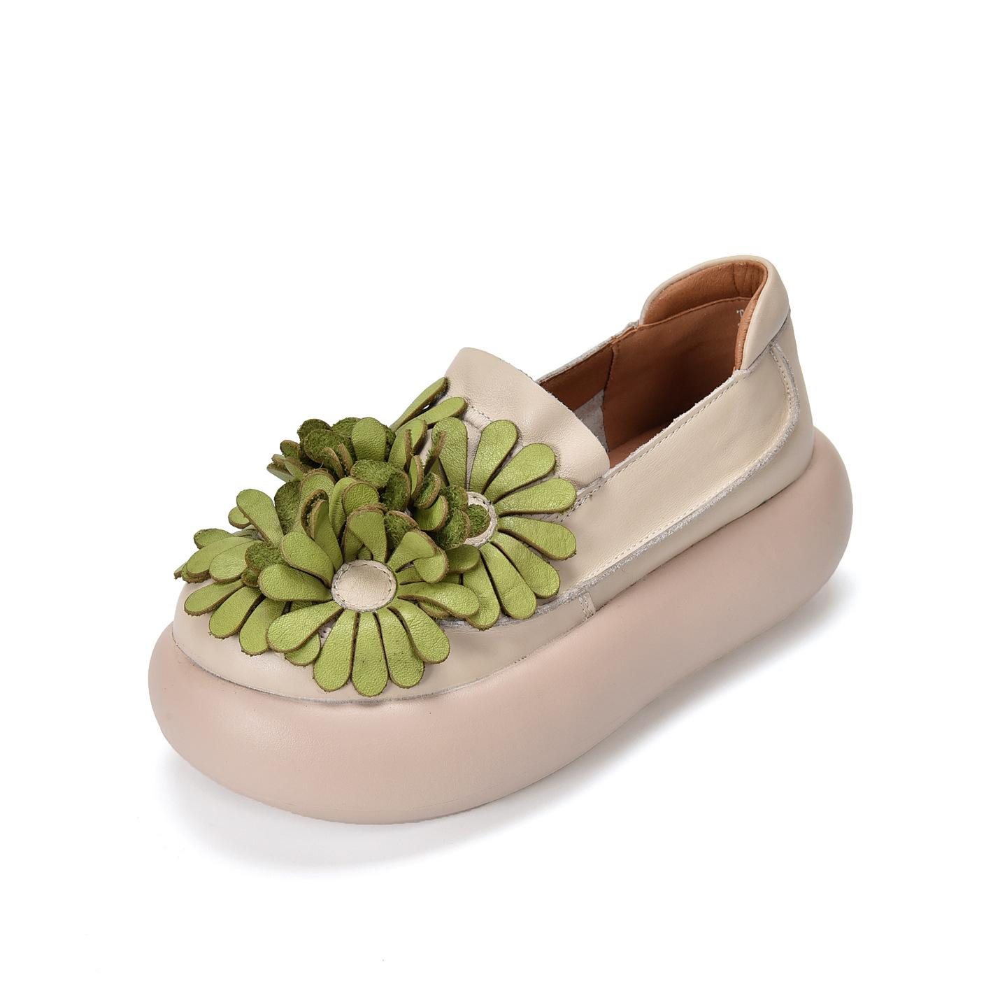 Johnature Vintage Große Blume Dicksohlige Slipper Echtes Leder Damen Flache Plateau Schuhe 40 beige von Joom DACH