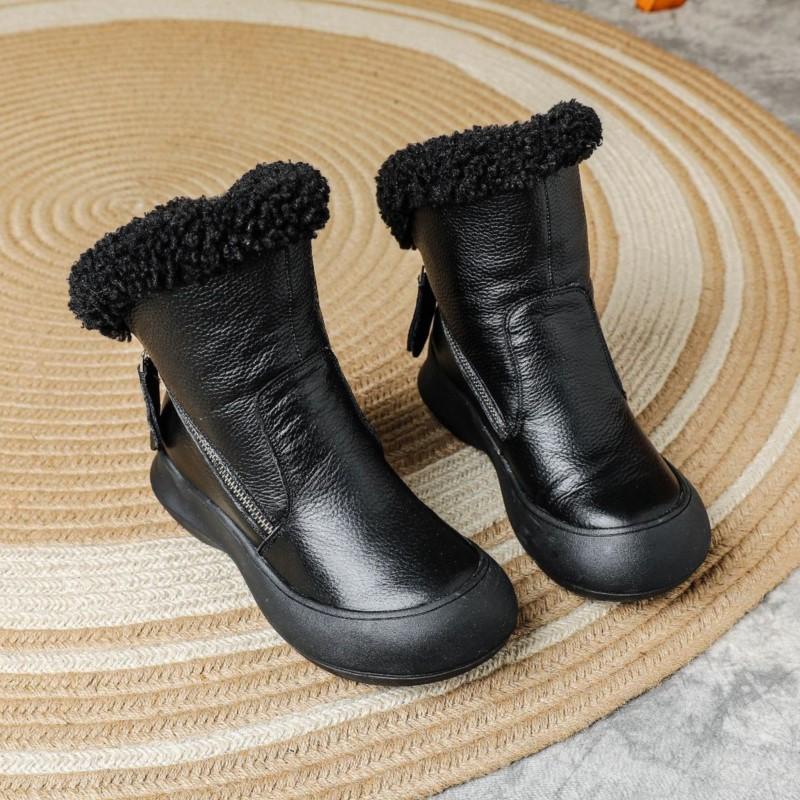 Johnature Warme Plüschstiefel aus echtem Leder für Damen mit rutschfester, weicher Sohle, bequemer, seitlicher Reißverschluss, kurze Stiefel 40-Plush schwarz von Joom DACH