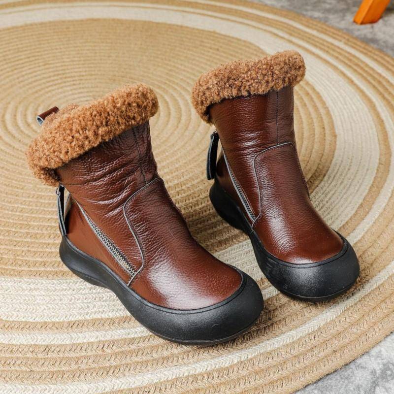 Johnature Warme Plüschstiefel aus echtem Leder für Damen mit rutschfester, weicher Sohle, bequemer, seitlicher Reißverschluss, kurze Stiefel 40-Plush braun von Joom DACH