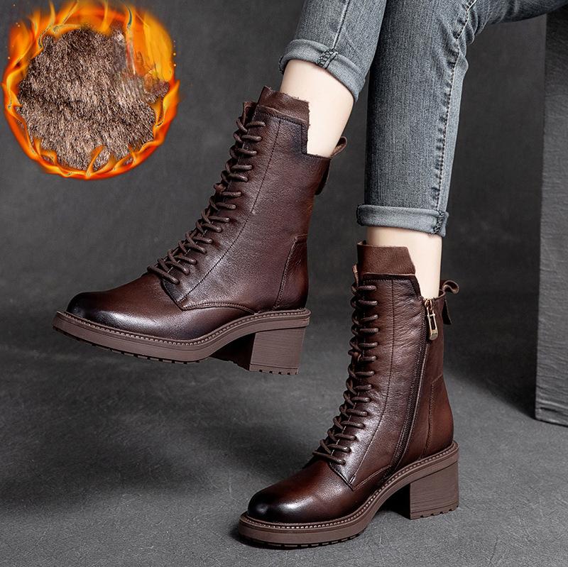 Johnature Winterstiefel aus echtem Leder, Damenschuhe, Plüsch, warm, runde Zehenpartie, handgefertigt, Reißverschluss, Freizeit, Nähen, Plateaustiefel 38-Plush braun von Joom DACH