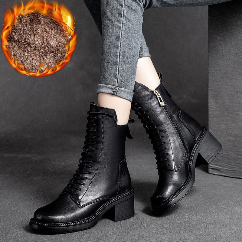 Johnature Winterstiefel aus echtem Leder, Damenschuhe, Plüsch, warm, runde Zehenpartie, handgefertigt, Reißverschluss, Freizeit, Nähen, Plateaustiefel 40-Plush schwarz von Joom DACH
