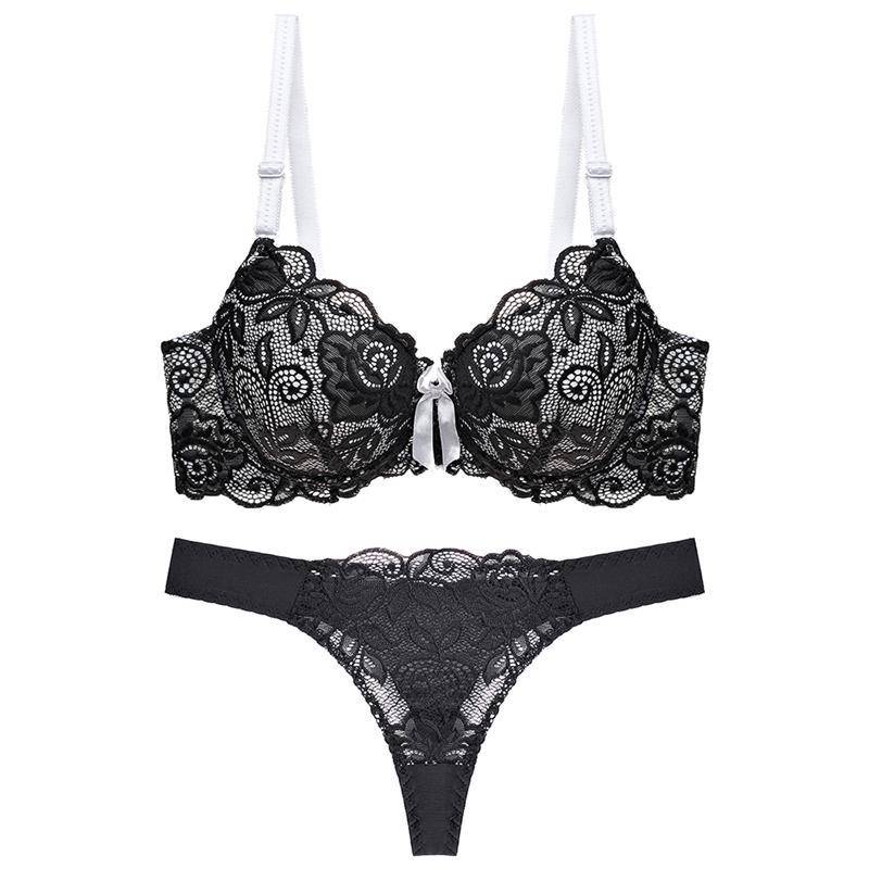 Julexy Neue 2021 Sexy Spitze Frauen bh set tanga aushöhlen bh Panty Set dessous kurze set 85C schwarz von Joom DACH