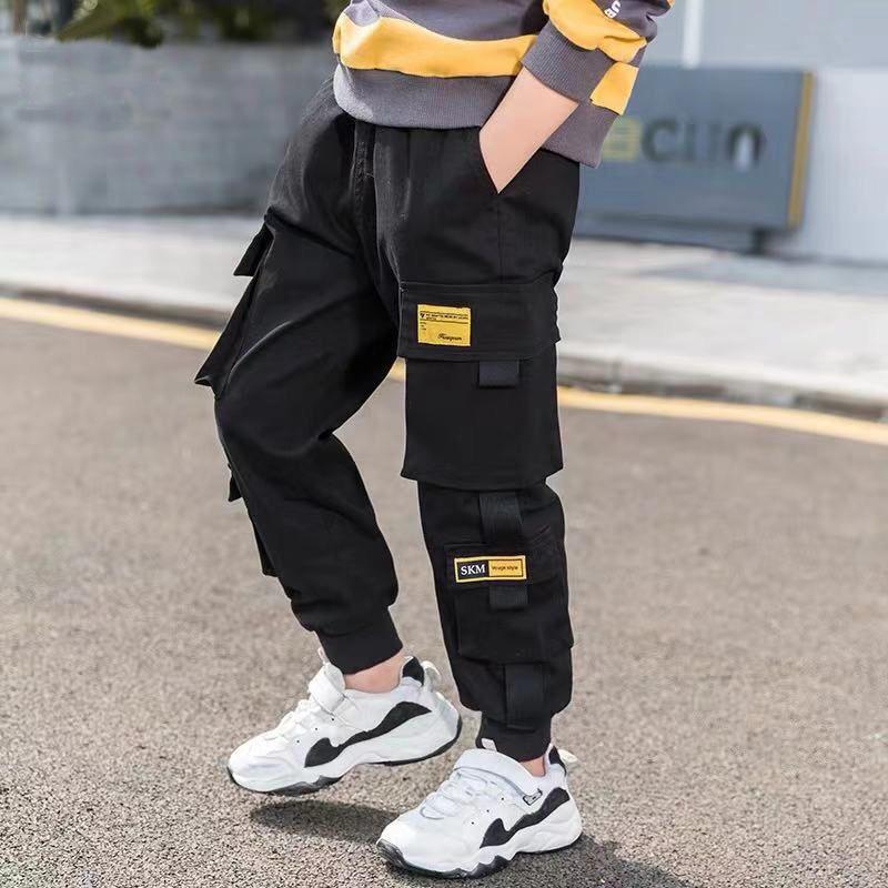 Jungen Cargo Hosen Solide Teen Kinder Multi-Tasche Casual Hosen Frühling Herbst Jungen Elastische Taille Hosen Streetwear Kinder der Kleidung 130 schwarz von Joom DACH