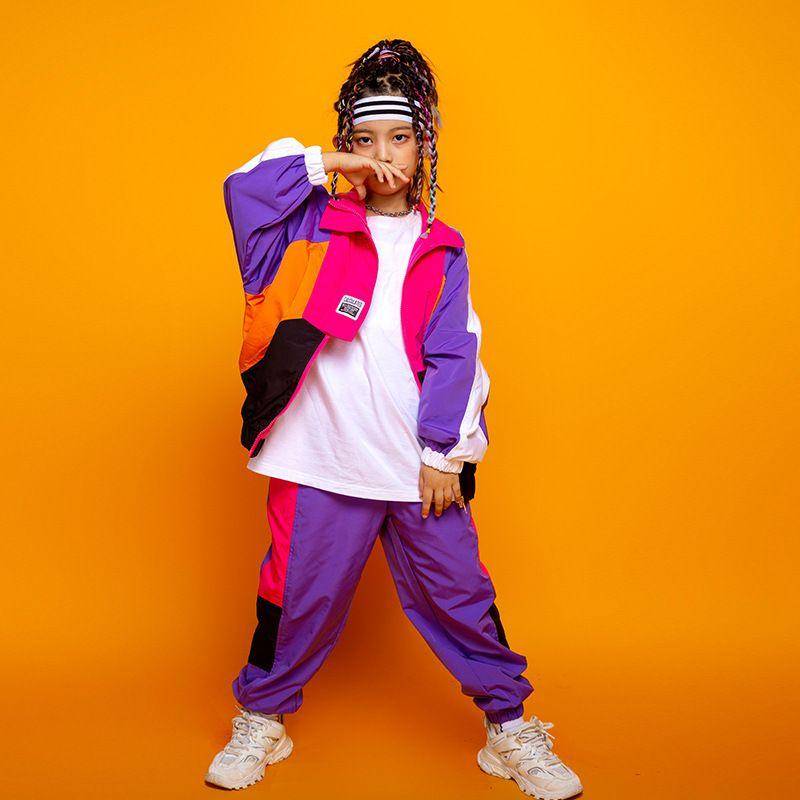 Jungen Hip Hop Kontrast Mantel Mädchen Jazz Jogger Kleidung Set Kinder Street Dance Patchwork Jacke Jogginghose Kinder Performance Kleidung 140cm violett von Joom DACH
