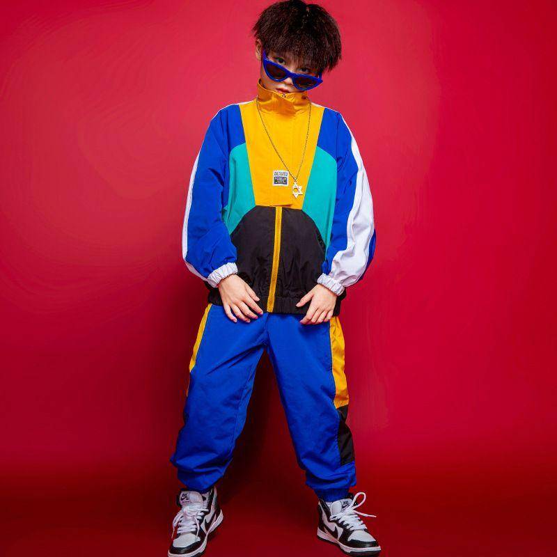 Jungen Hip Hop Kontrast Mantel Mädchen Jazz Jogger Kleidung Set Kinder Street Dance Patchwork Jacke Jogginghose Kinder Performance Kleidung 180cm blau von Joom DACH