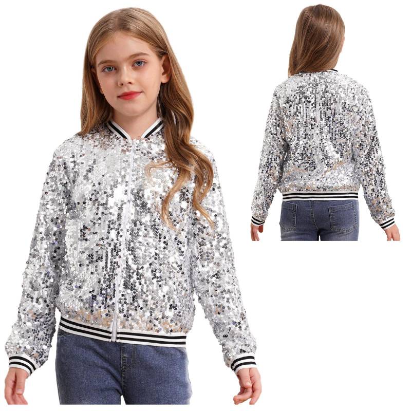 Jungen Mädchen Baseball Jacke Mantel Frühling Herbst Mode Pailletten Langarm Reißverschluss Oberbekleidung Street Dancing Party Bomber Jacken 11-12 Years silber von Joom DACH