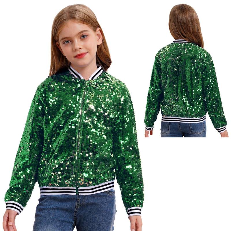Jungen Mädchen Baseball Jacke Mantel Frühling Herbst Mode Pailletten Langarm Reißverschluss Oberbekleidung Street Dancing Party Bomber Jacken 11-12 Years grün von Joom DACH