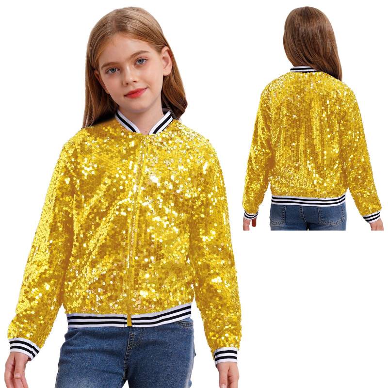 Jungen Mädchen Baseball Jacke Mantel Frühling Herbst Mode Pailletten Langarm Reißverschluss Oberbekleidung Street Dancing Party Bomber Jacken 11-12 Years gold von Joom DACH