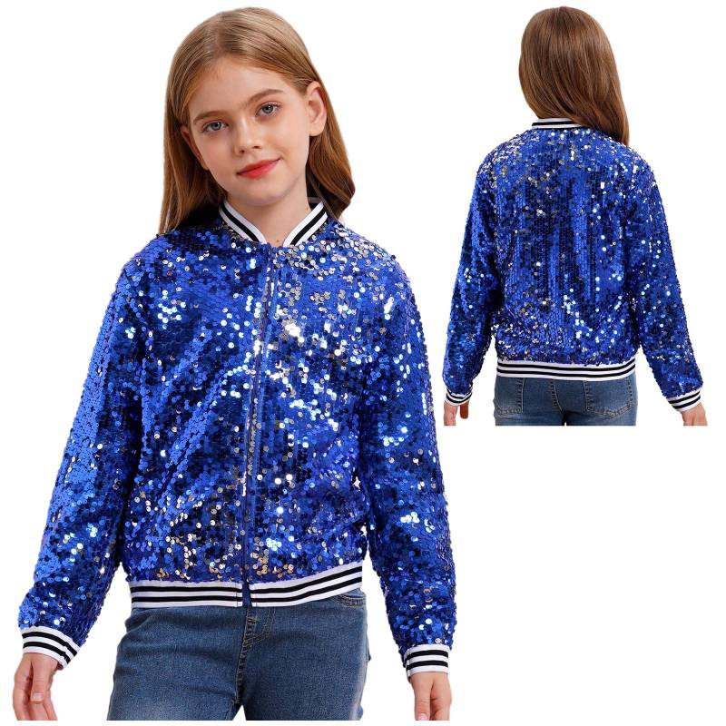 Jungen Mädchen Baseball Jacke Mantel Frühling Herbst Mode Pailletten Langarm Reißverschluss Oberbekleidung Street Dancing Party Bomber Jacken 15-16 Years königsblau von Joom DACH