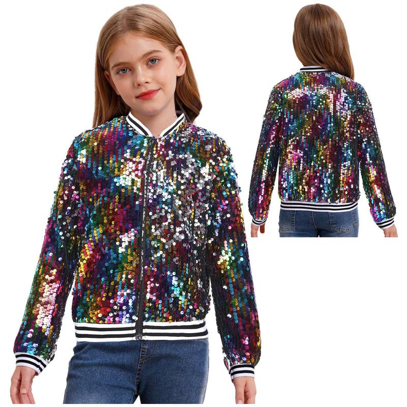 Jungen Mädchen Baseball Jacke Mantel Frühling Herbst Mode Pailletten Langarm Reißverschluss Oberbekleidung Street Dancing Party Bomber Jacken 11-12 Years bunt von Joom DACH
