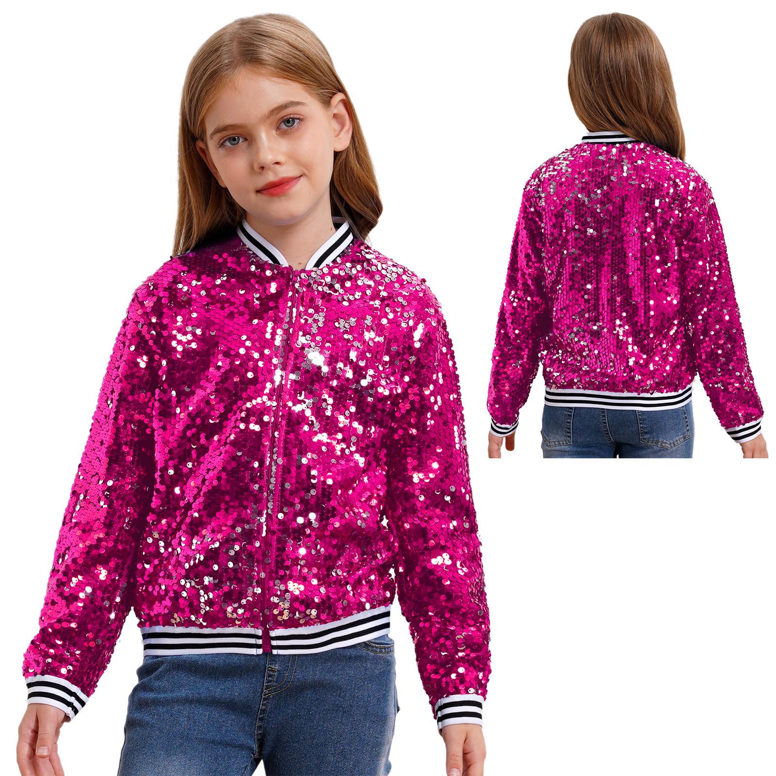 Jungen Mädchen Baseball Jacke Mantel Frühling Herbst Mode Pailletten Langarm Reißverschluss Oberbekleidung Street Dancing Party Bomber Jacken 7-8 Years heißes rosa von Joom DACH