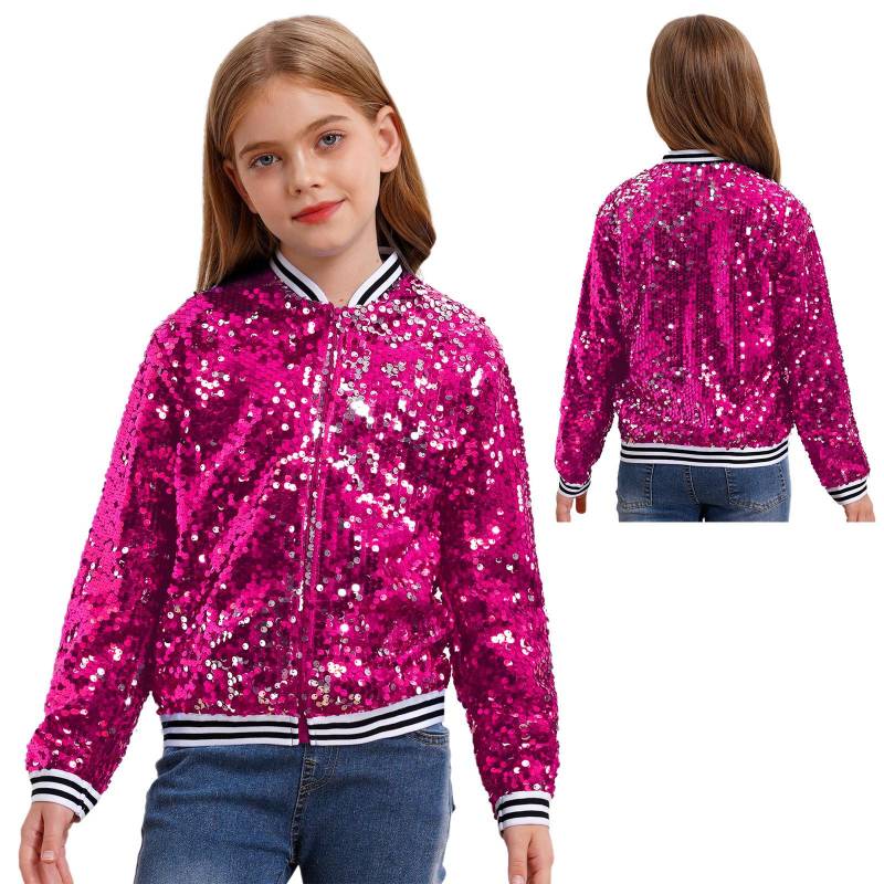 Jungen Mädchen Baseball Jacke Mantel Frühling Herbst Mode Pailletten Langarm Reißverschluss Oberbekleidung Street Dancing Party Bomber Jacken 7-8 Years heißes rosa von Joom DACH