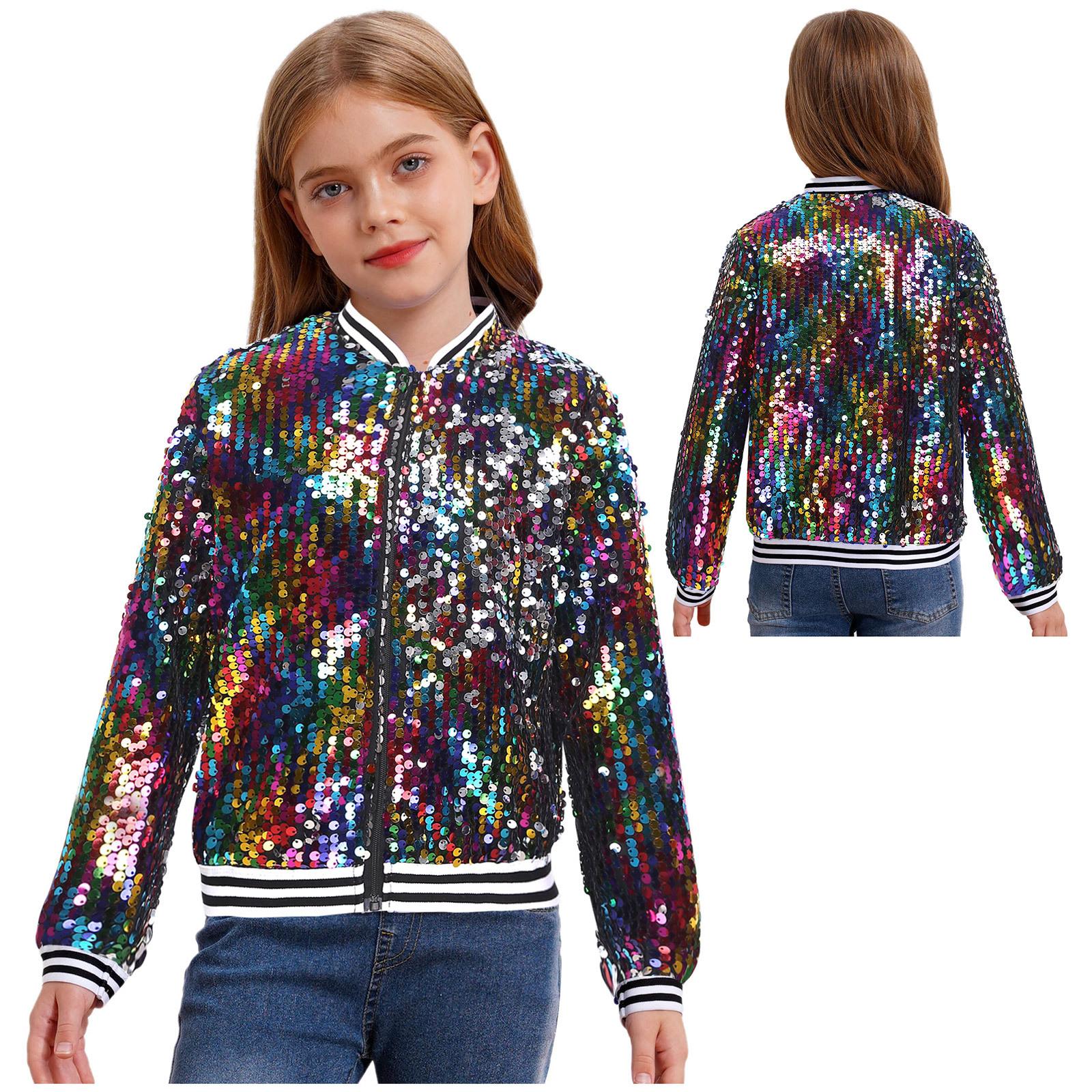 Jungen Mädchen Baseball Jacke Mantel Frühling Herbst Mode Pailletten Langarm Reißverschluss Oberbekleidung Street Dancing Party Bomber Jacken 7-8 Years bunt von Joom DACH