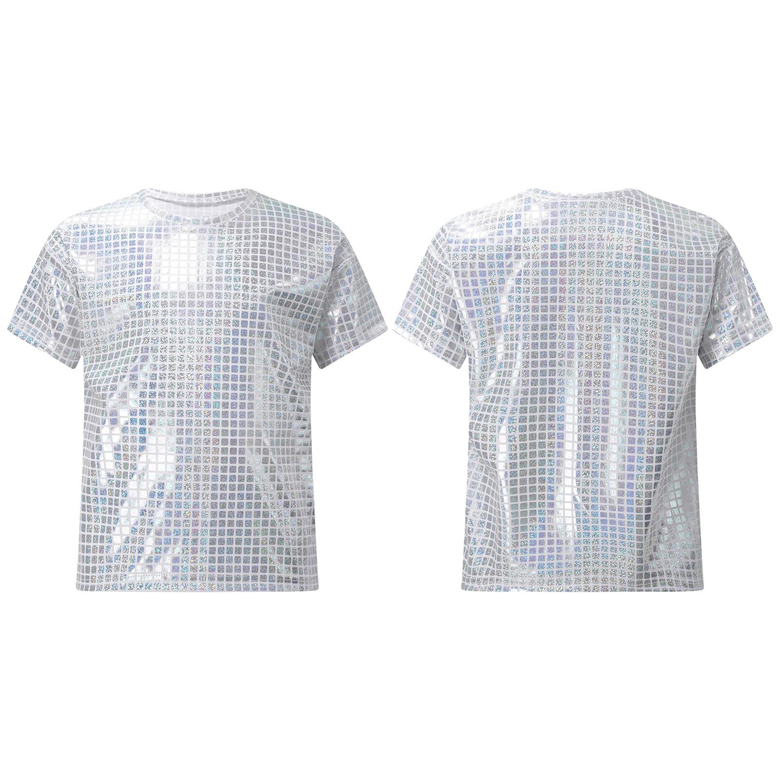 Jungen Mädchen Kurzarm Pailletten T-Shirt Glänzend Jazz Dance Tops Hip Hop Kleidung Cheerleading Uniform Disco 70er Party Kostüm 7-8 Years silber von Joom DACH