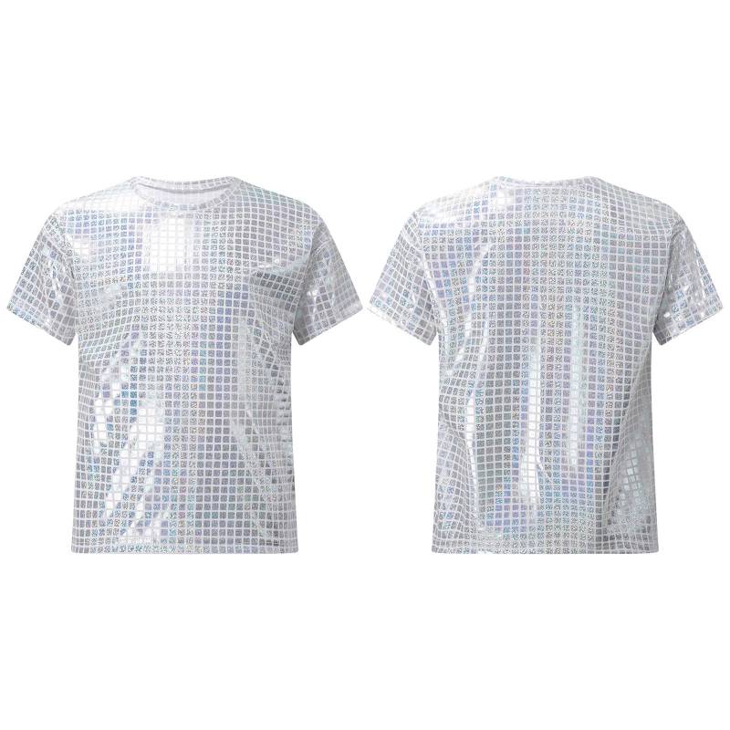 Jungen Mädchen Kurzarm Pailletten T-Shirt Glänzend Jazz Dance Tops Hip Hop Kleidung Cheerleading Uniform Disco 70er Party Kostüm 7-8 Years silber von Joom DACH