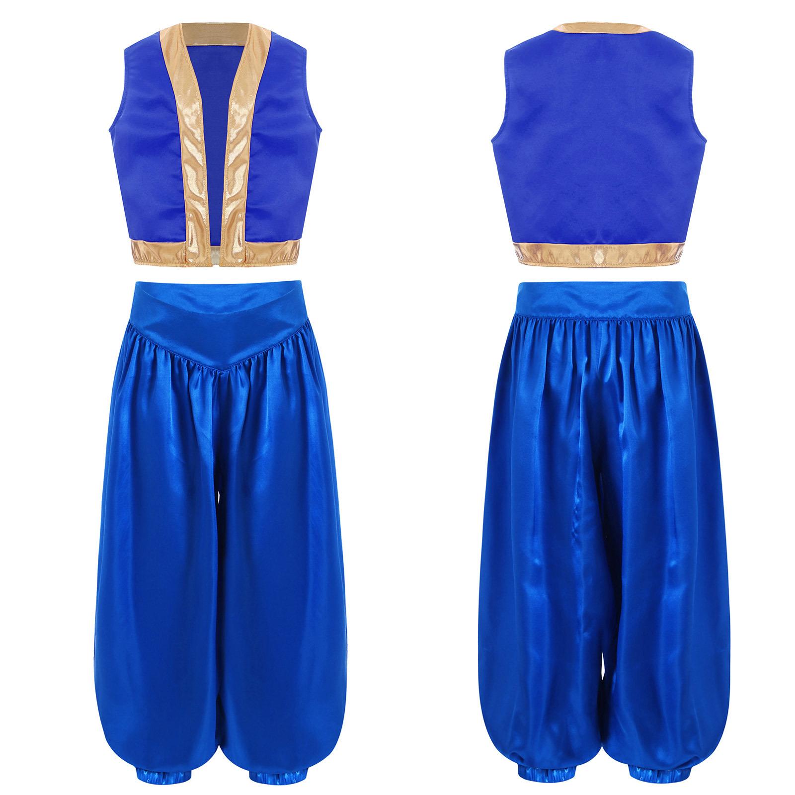 Jungen Mädchen Spielfigur Super Brothers Arabischer Prinz Cosplay Kostüm Lockere Weste mit Satin-Pumphose für Halloween Themenparty 9-10 Years blau von Joom DACH