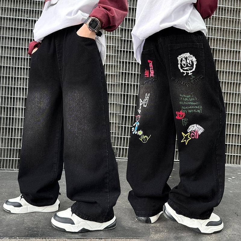 Jungen Schwarze Jeans mit Aufdruck Frühling/Herbst Kinderhose mit weitem Bein Ausgewaschener Denim Gerade Hose Teenager Kinderhose 150 schwarz von Joom DACH
