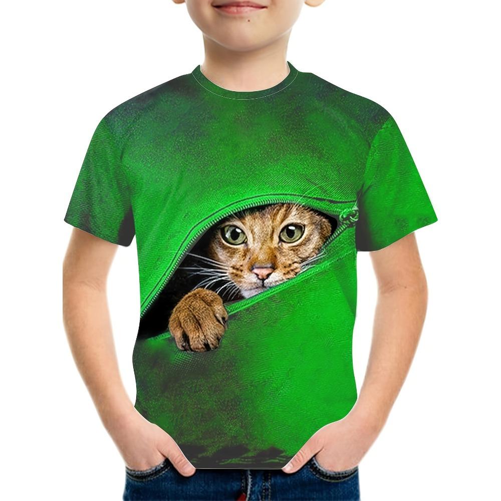 Jungen T-Shirt mit Reißverschluss und Katzen-Grafik für Kinder, modische Kurzarm-Oberteile, T-Shirt für Jungen und Mädchen, 3D-Druck, Sommer-Kinderkleidung 120 von Joom DACH