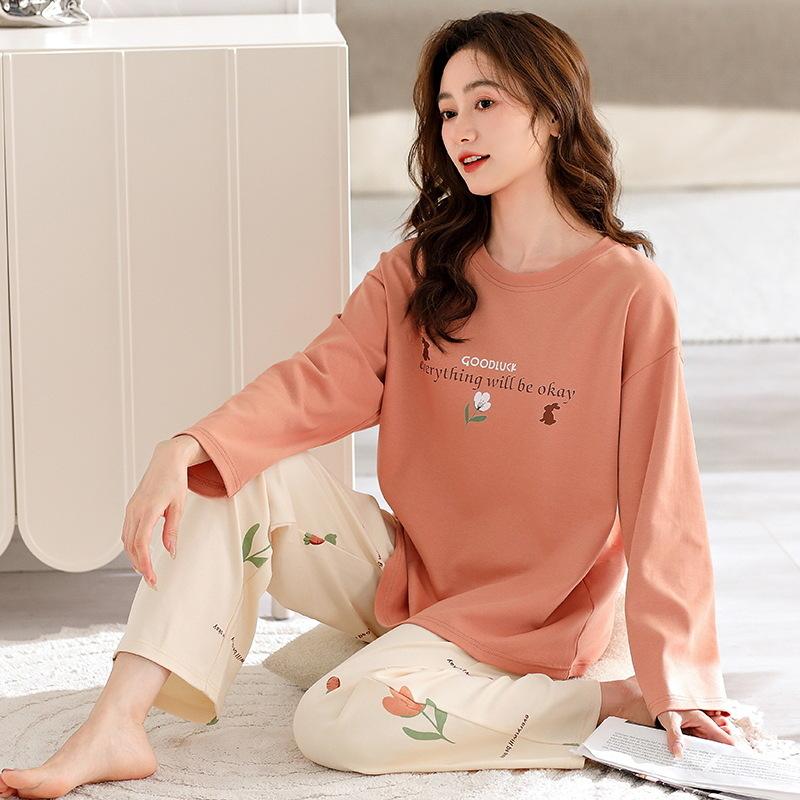 Junger Pyjama-Set-Stil Langarm Baumwolle Damen-Pyjama Herbst und Frühling Baumwolljacken Zuhause Damen-Pyjama 3XL von Joom DACH