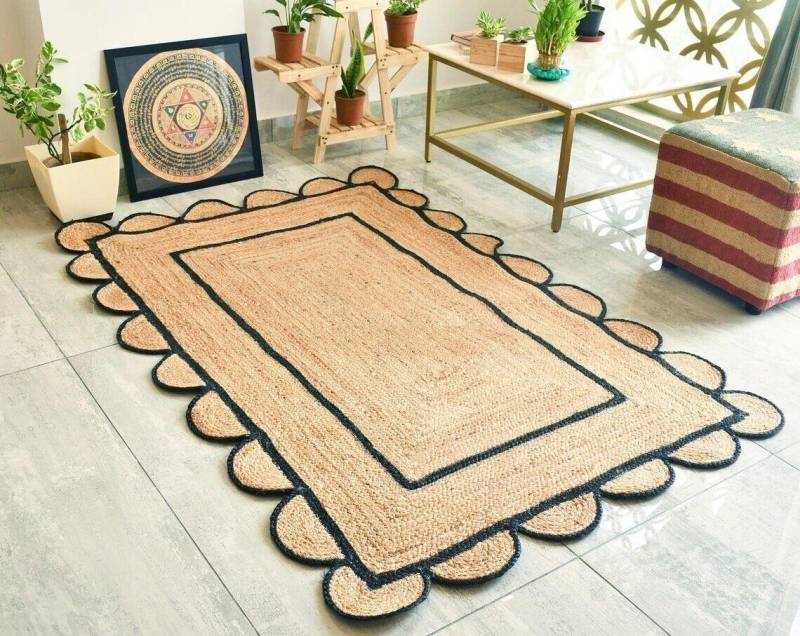 Jute Teppich Läufer Rechteck 100% Naturfaser Bereichsteppich Handgefertigt Handgewebter Teppich Handgefertigt 60 cm x 60 cm (2x2feet) beige/schwarz von Joom DACH