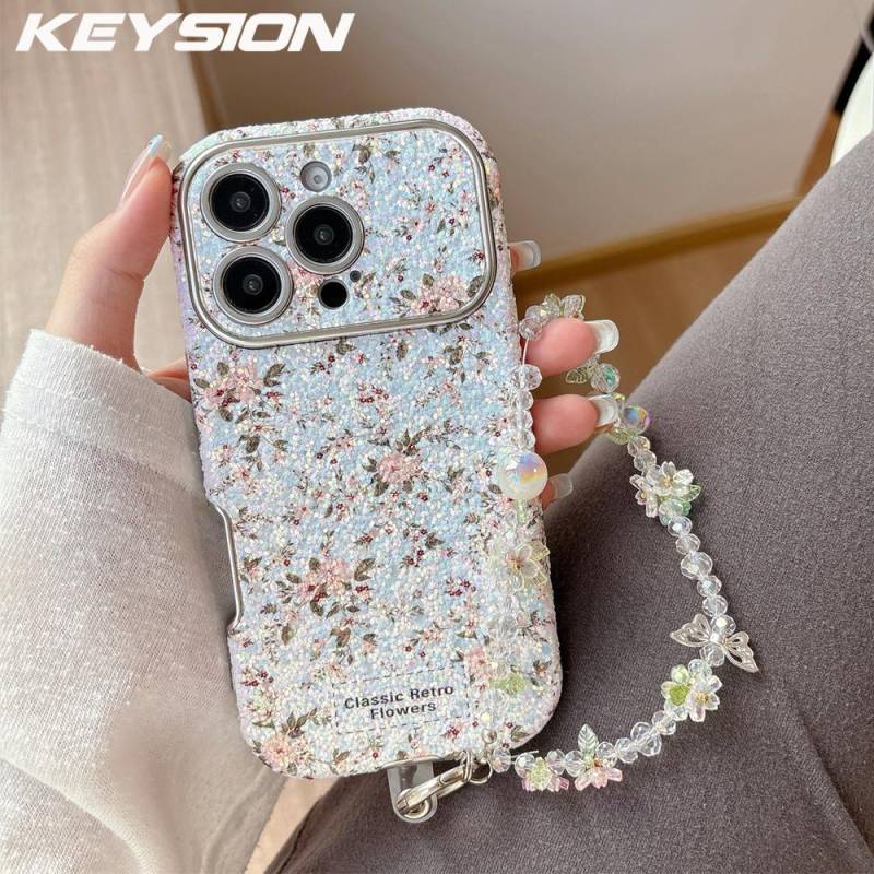 KEYSION Damen Mädchen Blumen Handyhülle für iPhone 14 15 16 17 Pro Max Abgerundete Kanten Stoßfeste Hülle mit Perlenarmband Kette for iPhone 17 Pro Max rosa von Joom DACH