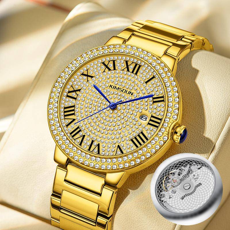 KIMSDUN Herrenuhren Elegant Luxus Voll Diamant Quarz Uhr für Herren Wasserdicht Silber Herren Armbanduhr stainless steel gold von Joom DACH