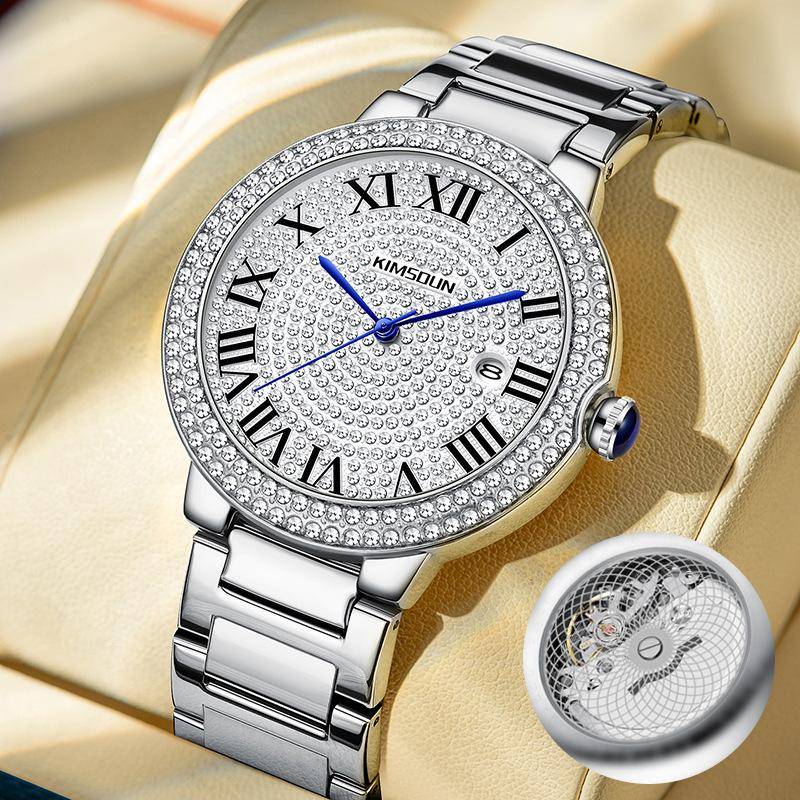 KIMSDUN Herrenuhren Elegant Luxus Voll Diamant Quarz Uhr für Herren Wasserdicht Silber Herren Armbanduhr stainless steel silber von Joom DACH