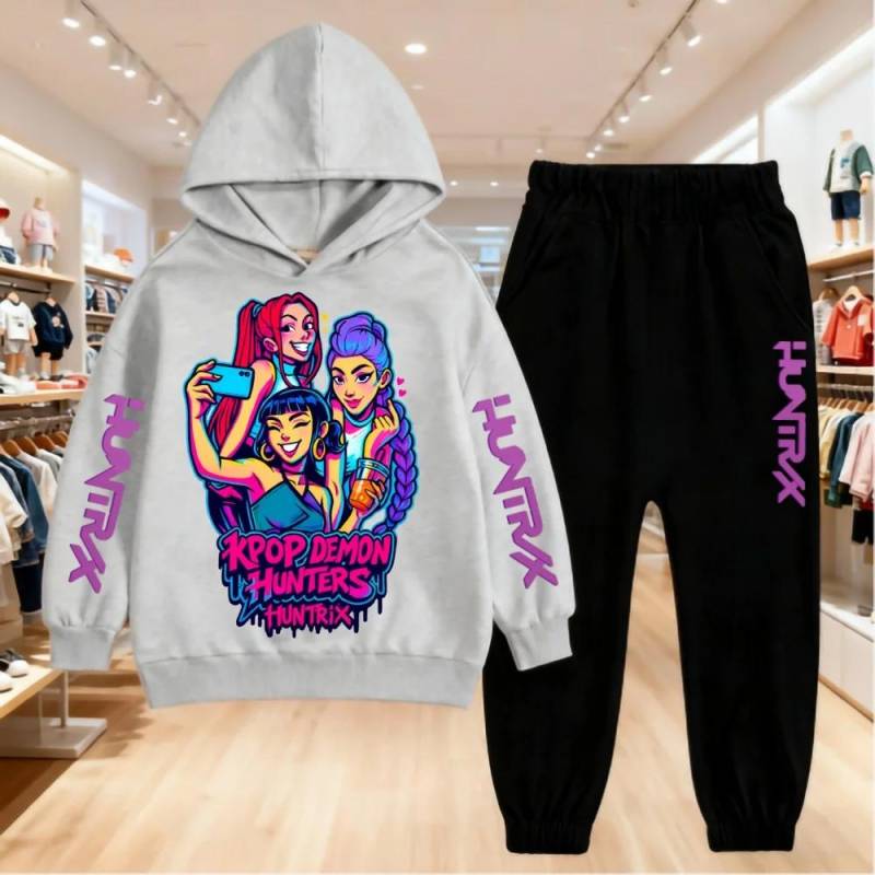 KPop Dämonenjäger Druck Kapuzenpullover Kinderkleidung Kinder Hoodie+Hose Geeignet 5-14 Jahre Jungen Mädchen Rosa Schwarz Set Sweatshirt 140 von Joom DACH