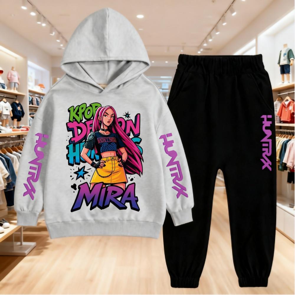 KPop Dämonenjäger Druck Kapuzenpullover Kinderkleidung Kinder Hoodie+Hose Geeignet 5-14 Jahre Jungen Mädchen Rosa Schwarz Set Sweatshirt 160 von Joom DACH