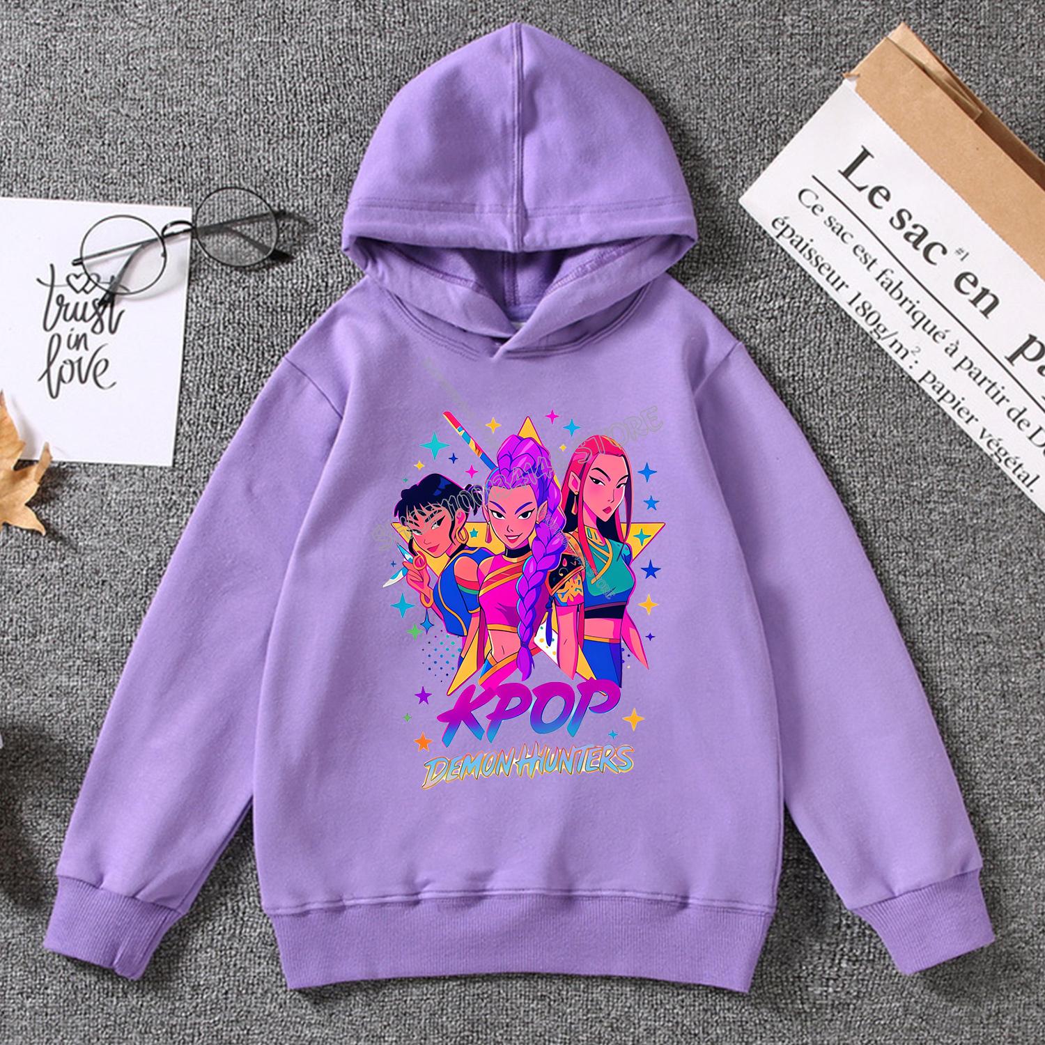 KPop Dämonenjäger Hoodie für Kinder Kawaii Cartoon Kleidung Mode Lila Kapuzenpullover Kleidung Anime Dünnes Sweatshirt Oberteile Kinder Geschenk 130 von Joom DACH