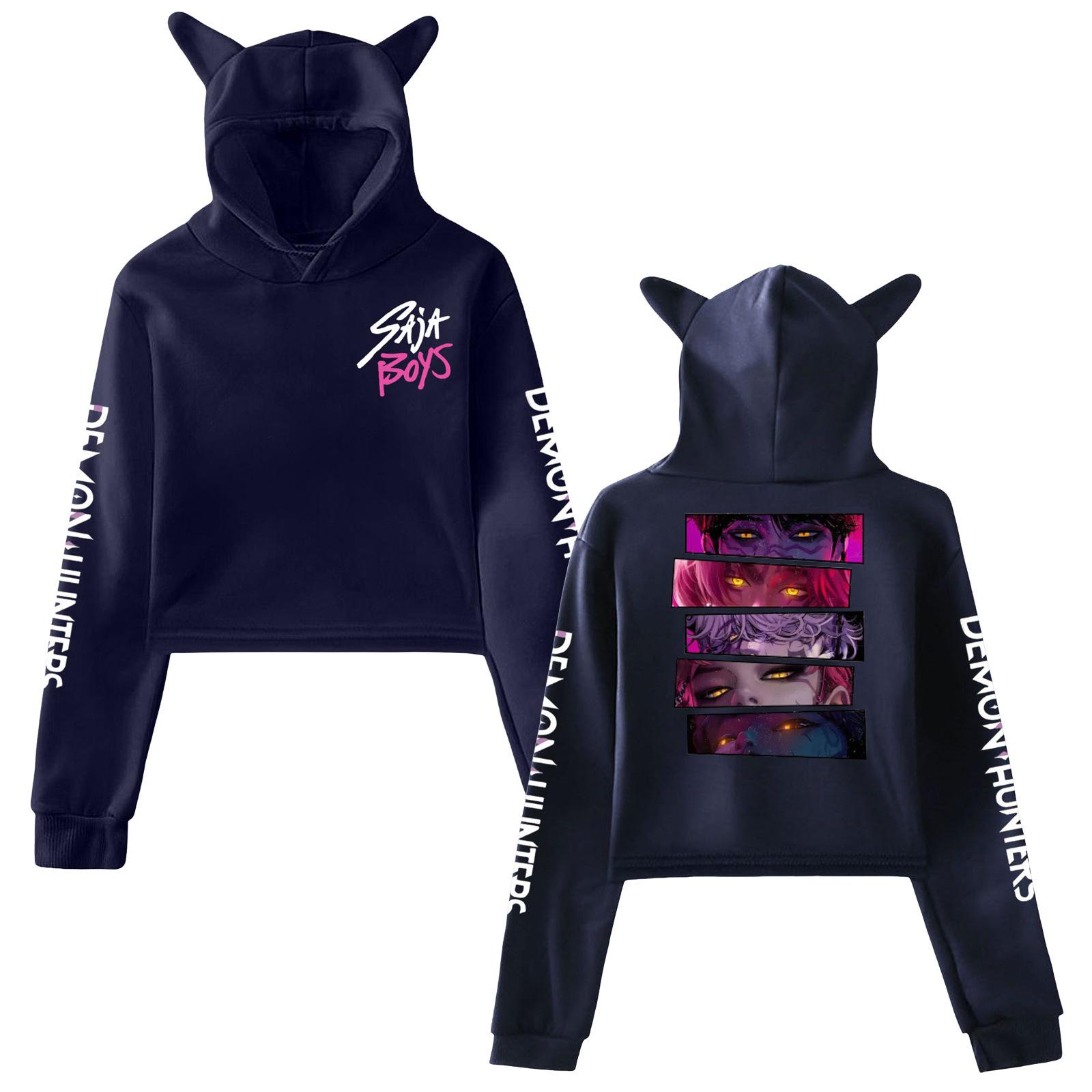 KPop Dämonenjäger Huntrix Saja Boys Merch Kapuzenpullover mit Katzenohren Damen Pullover Sweatshirt mit Anime-Grafik für K-Pop-Fans S navy blau von Joom DACH