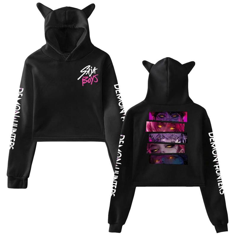 KPop Dämonenjäger Huntrix Saja Boys Merch Kapuzenpullover mit Katzenohren Damen Pullover Sweatshirt mit Anime-Grafik für K-Pop-Fans XL schwarz von Joom DACH