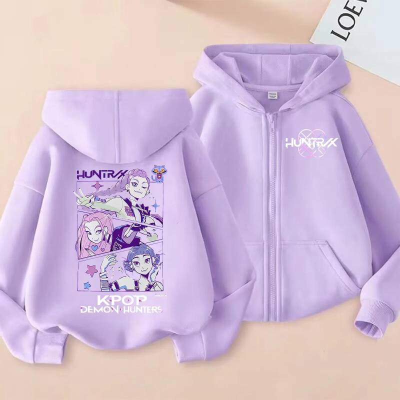 KPop Dämonenjäger Reißverschluss-Hoodie Cartoon Mädchen Mantel Mode Dünne Kleidung Lila Herbst Hoodie Jacke Kinder Anime Sweatshirt Geschenk 120 von Joom DACH