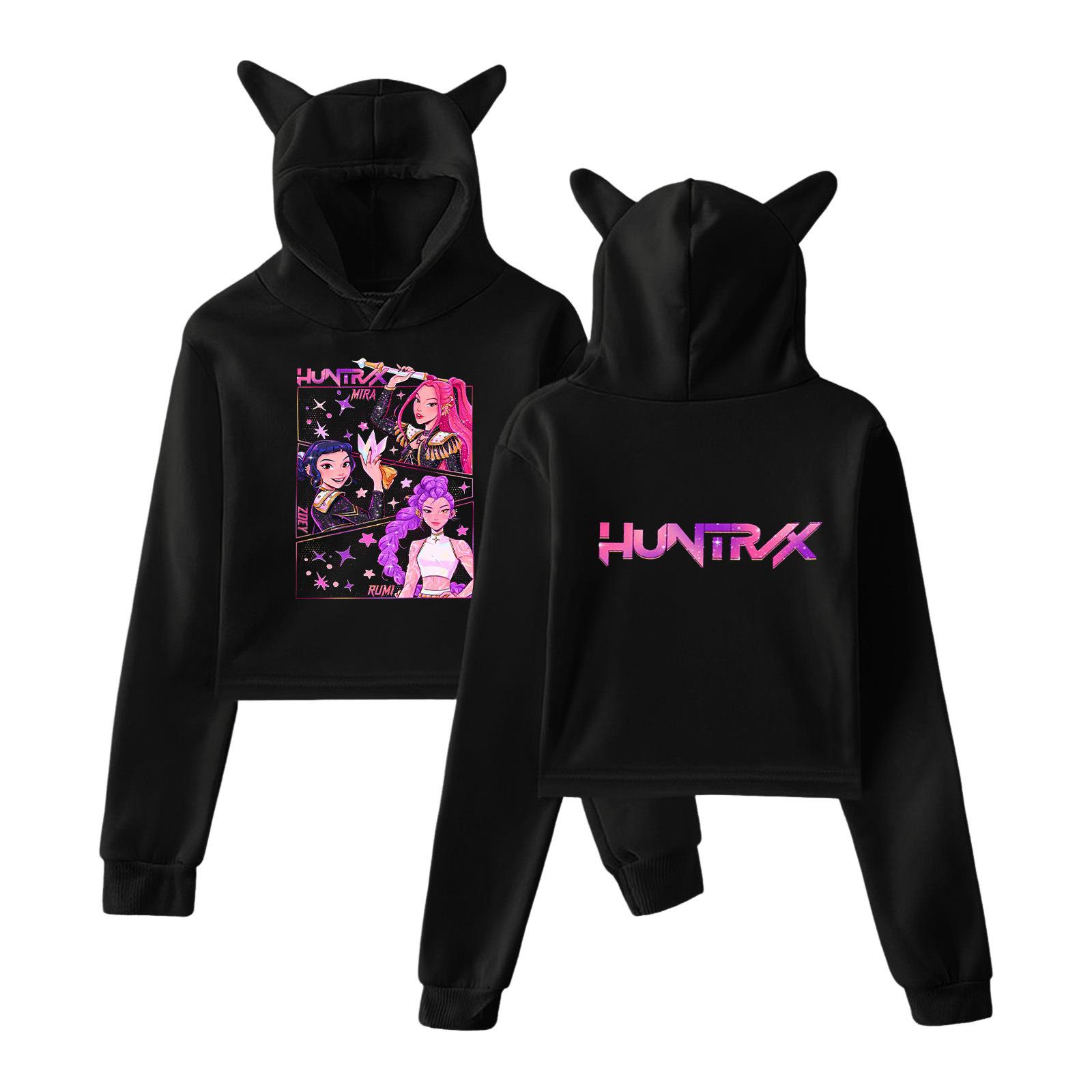 KPop Demon Hunters Hoodies Cosplay Kostüm 2025 Merch Hoodies Sweatshirt für Mädchen Katzenohren Crop Pullover Freizeitkleidung XS schwarz von Joom DACH