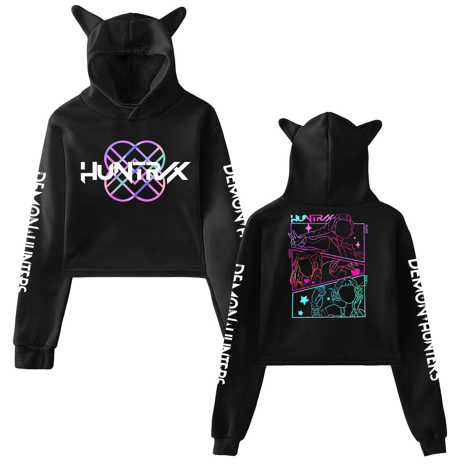 KPop Demon Hunters Hoodies Cosplay Kostüm 2025 Merch Hoodies Sweatshirt für Mädchen Katzenohren Crop Pullover Freizeitkleidung XXS schwarz von Joom DACH