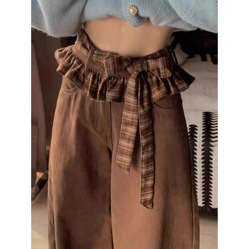 Kaffee Doppelbund Schmetterlingsriemen Jeans für Damen im Frühlings- und Sommerdesign Gerade Locker Weitbeinige Hosen M von Joom DACH