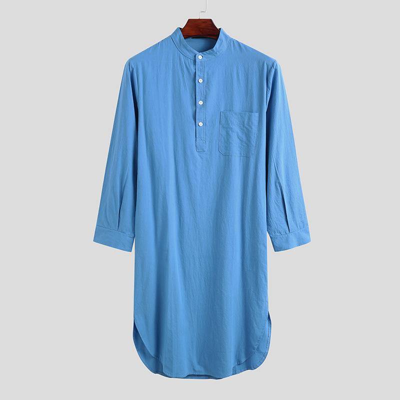 Kaftan Casual Herren Schlaf Roben Einfarbig Langarm Nachthemd O Hals Freizeit Herren Nachthemd Roben Arabische Hemden xl blau von Joom DACH