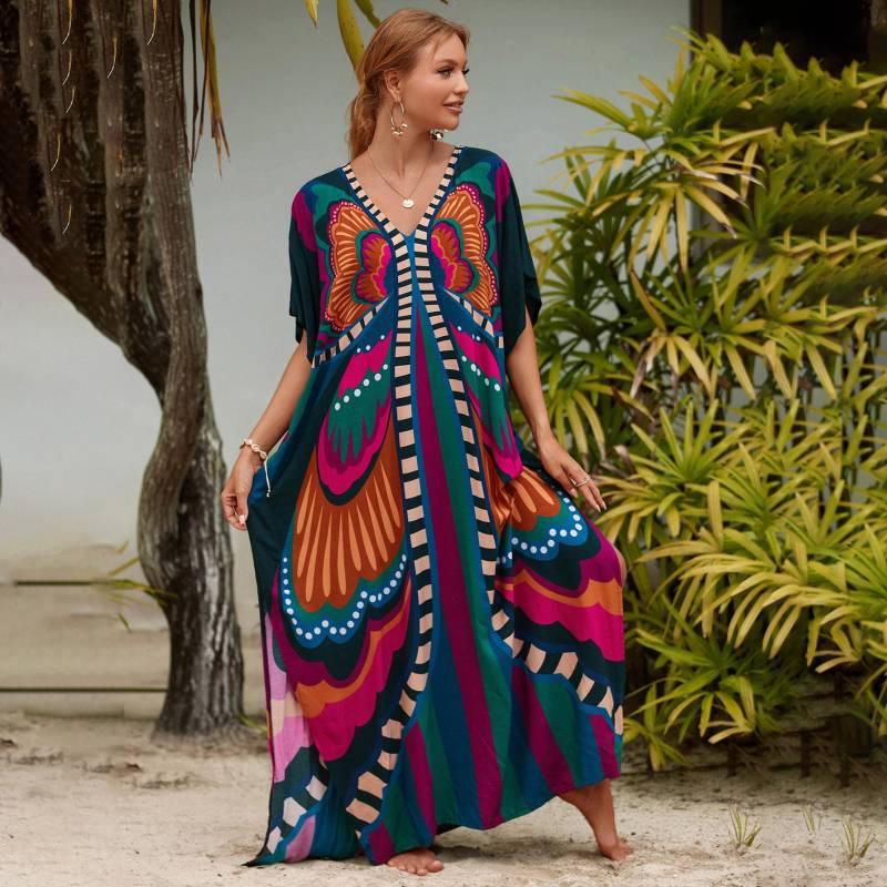 Kaftan Strandkleid Rayon Damen Boho Bunt Bedruckt Plus Size Maxi Sommer Badeanzug Cover Up One Size persische pflaume von Joom DACH