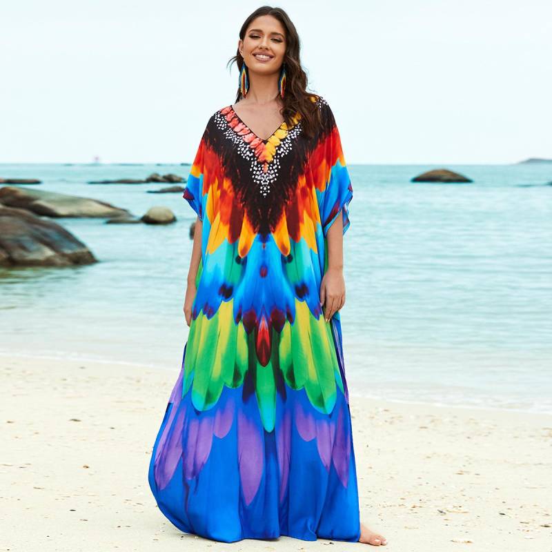 Kaftan Strandkleid Rayon Damen Boho Bunt Bedruckt Plus Size Maxi Sommer Badeanzug Cover Up One Size blau von Joom DACH