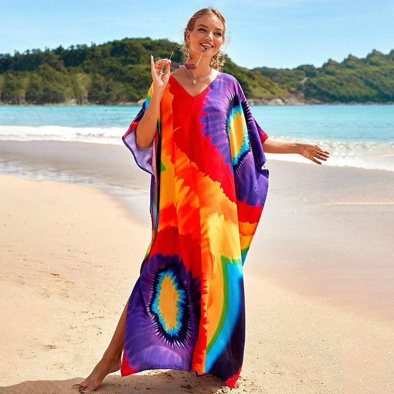 Kaftan Strandkleid Rayon Damen Boho Bunt Bedruckt Plus Size Maxi Sommer Badeanzug Cover Up One Size gelb von Joom DACH