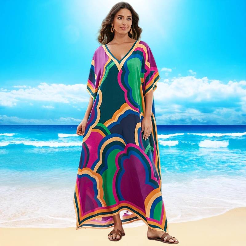 Kaftan Strandkleid Rayon Damen Boho Bunt Bedruckt Plus Size Maxi Sommer Badeanzug Cover Up One Size hartriegel rose von Joom DACH