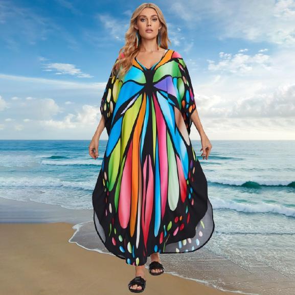 Kaftan Strandkleid Rayon Damen Boho Bunt Bedruckt Plus Size Maxi Sommer Badeanzug Cover Up One Size dodger blaue von Joom DACH