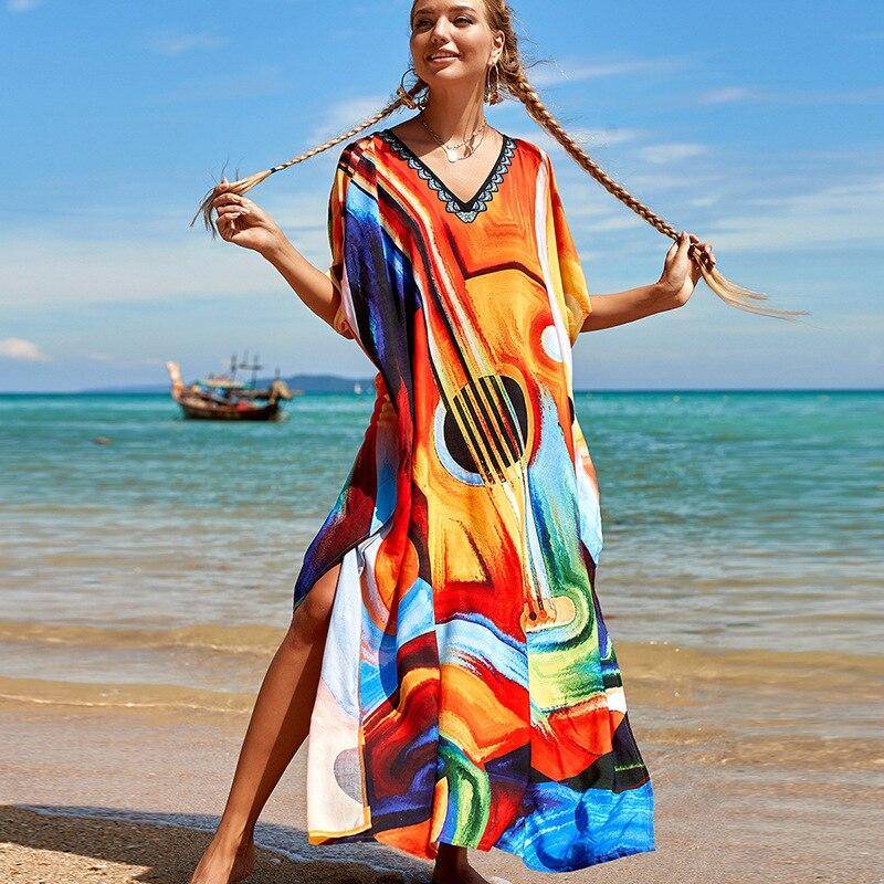 Kaftan Strandkleid Rayon Damen Boho Bunt Bedruckt Plus Size Maxi Sommer Badeanzug Cover Up One Size orange von Joom DACH