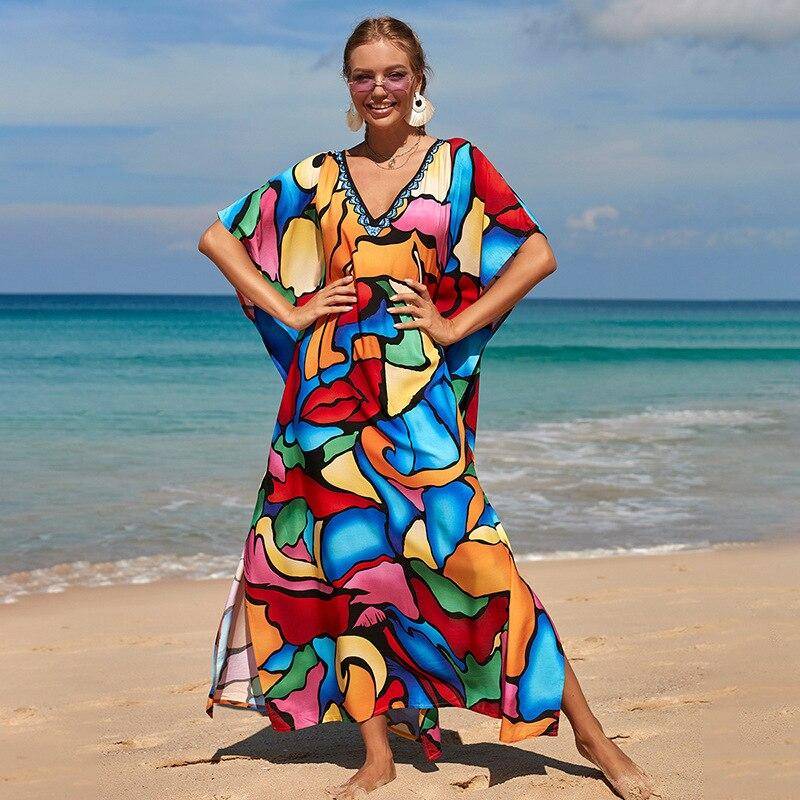 Kaftan Strandkleid Rayon Damen Boho Bunt Bedruckt Plus Size Maxi Sommer Badeanzug Cover Up One Size bunt von Joom DACH